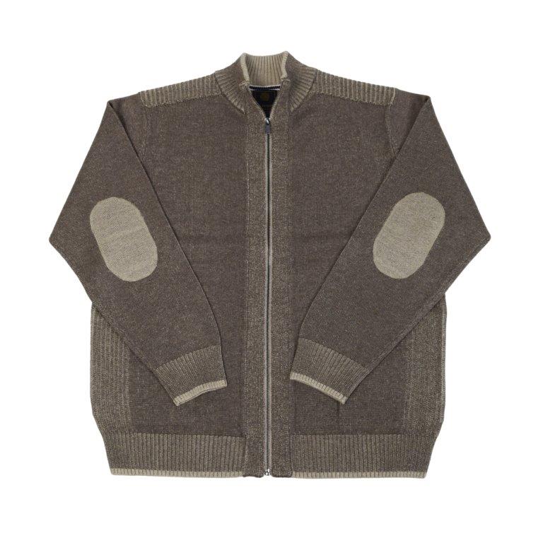 FX Fusion Plaited Full Zip Mock Neck Sweater with Faux Elbow Patches 55%Cotton/45%Acrylic-Taupe-10071
