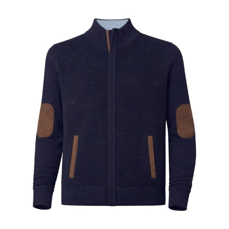 FX Fusion Ottoman Full Zip Mock Neck Sweater with Suede Elbow Patches 55%Cotton/45%Acrylic-Navy-13051