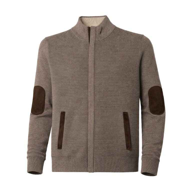 FX Fusion Ottoman Full Zip Mock Neck Sweater with Suede Elbow Patches 55%Cotton/45%Acrylic-Taupe-13051