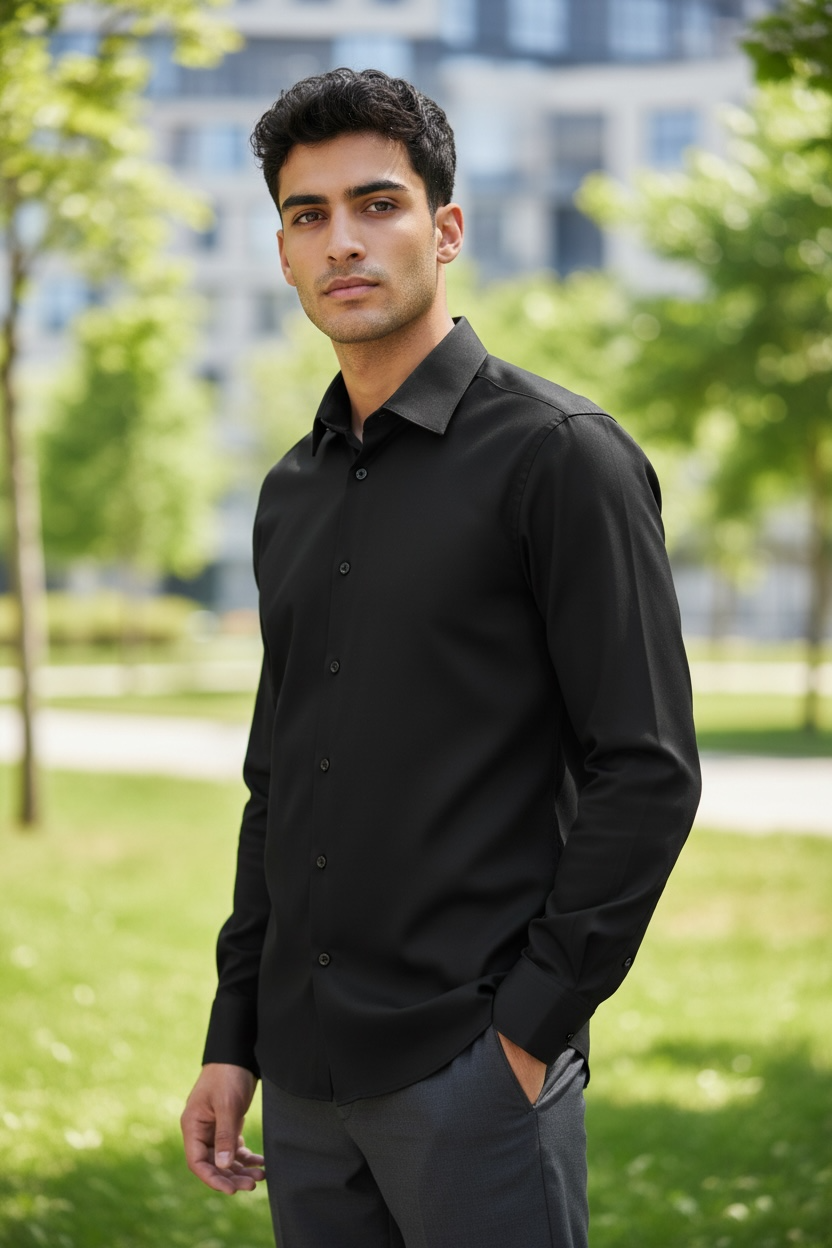 man wearing a black dress shirt in a park