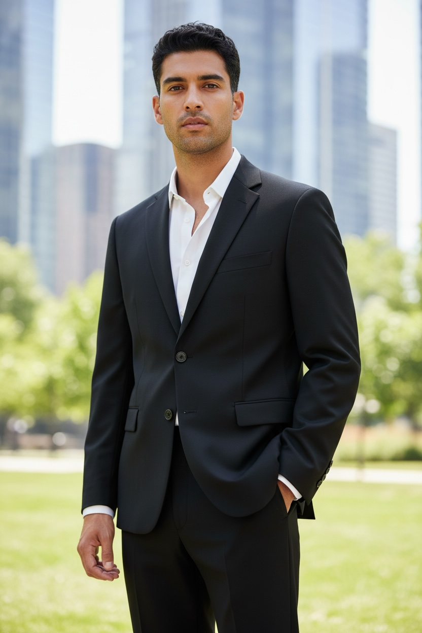 Man in a black suit standing outdoors with a cityscape in the background