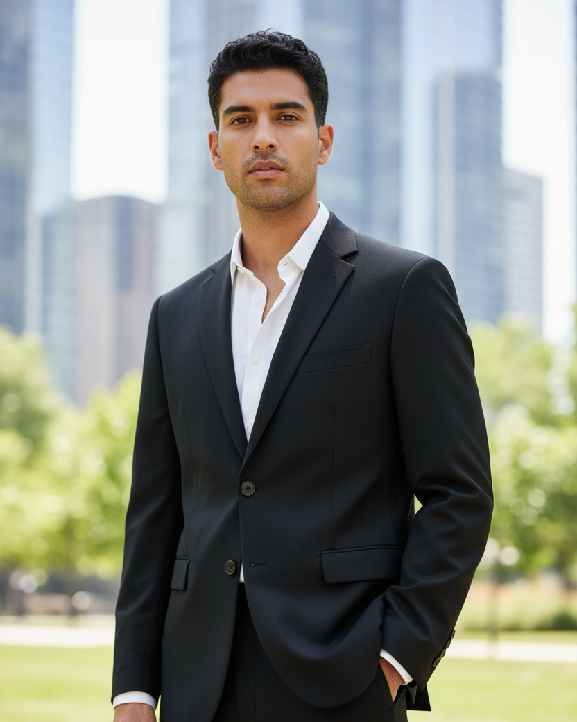 Man in a black suit standing outdoors with a cityscape in the background