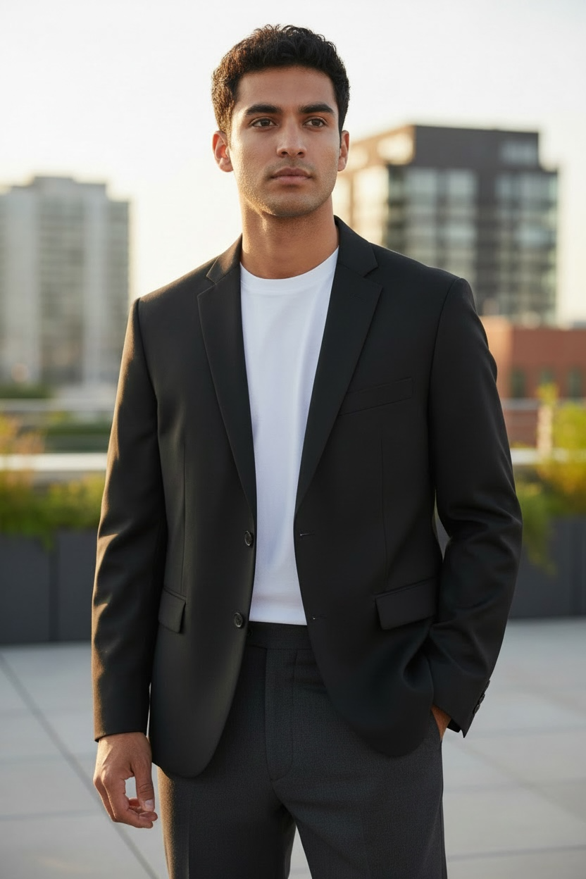 Man wearing a black suit and white shirt on a rooftop with buildings in the background