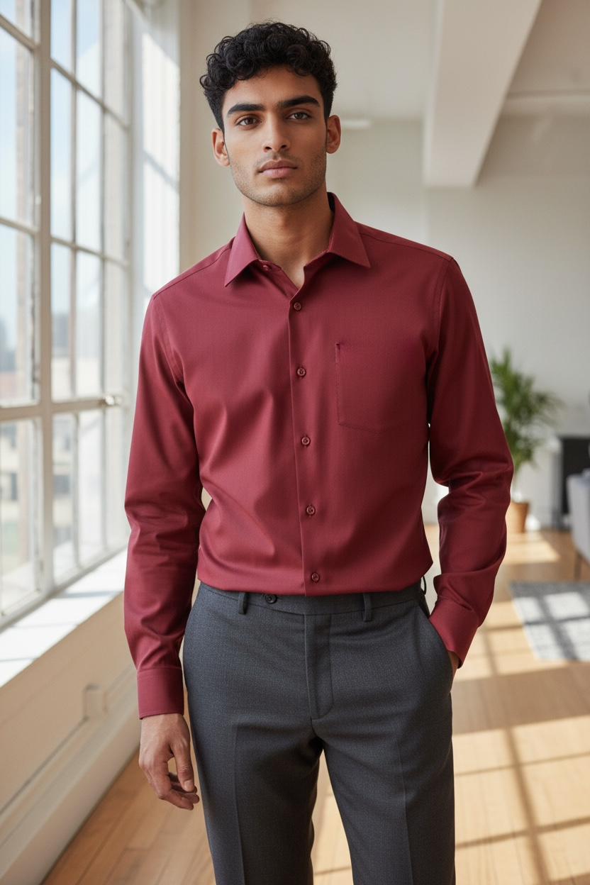 Man wearing a burgundy shirt and gray pants standing in a well-lit room with large windows.