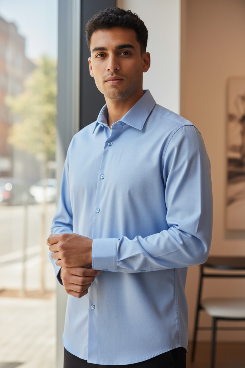 Man wearing a light blue dress shirt standing in an outdoor setting.