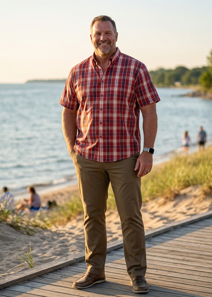 Man standing on a wooden boardwalk by a beach with people in the background