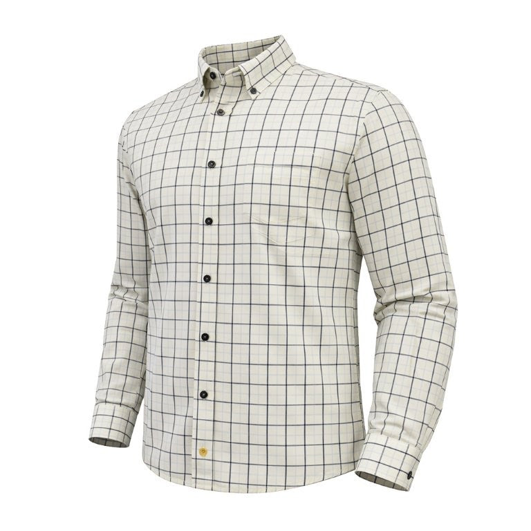 FX Fusion Long Sleeve Cotton 60%/Poly 40% Single Pocket Twill Multi Check Ecru/Blue D12003