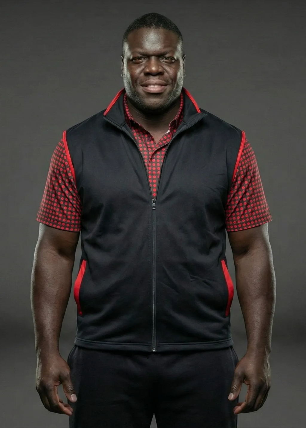 Man wearing a black vest with red accents on a dark background