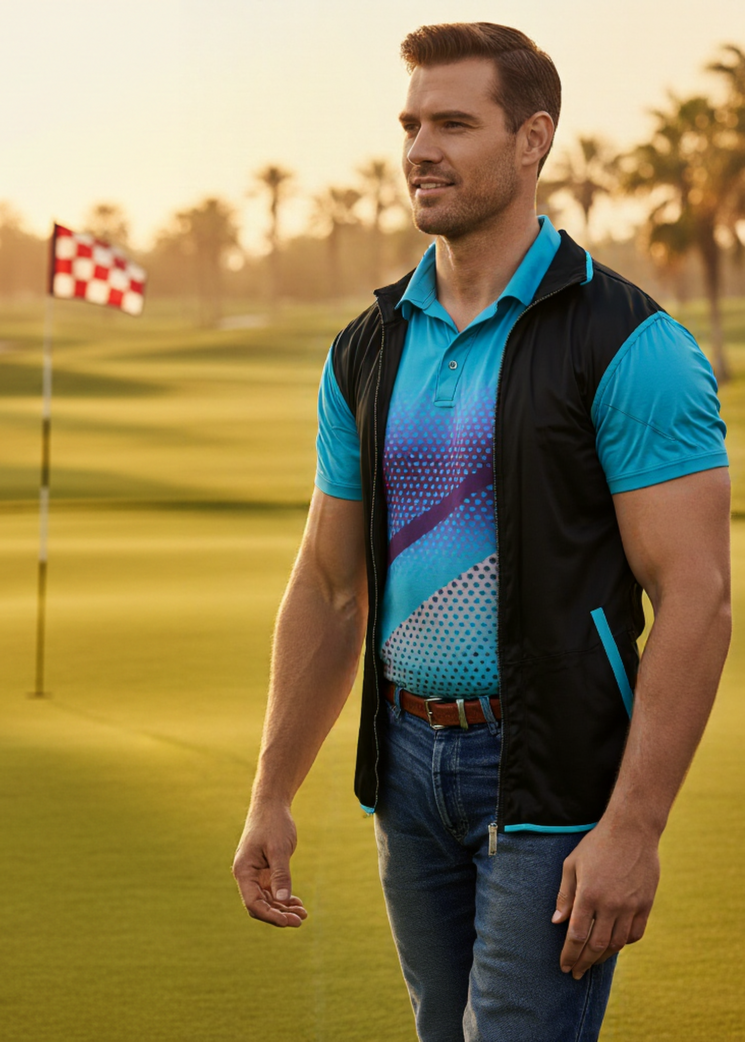 Man in a blue shirt and black vest on a golf course with palm trees in the background