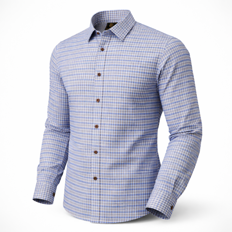 FX Fusion Long Sleeve Underbutton Single Pocket 100% Wrinkle Free Cotton Gingham Check Blue/Taupe FW12060
