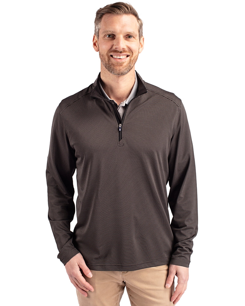 Cutter & Buck Virtue Recycled Micro Stripe Featherlight Pique Mens Big & Tall Quarter Zip Pullover Black/Elemental Grey BCK01258