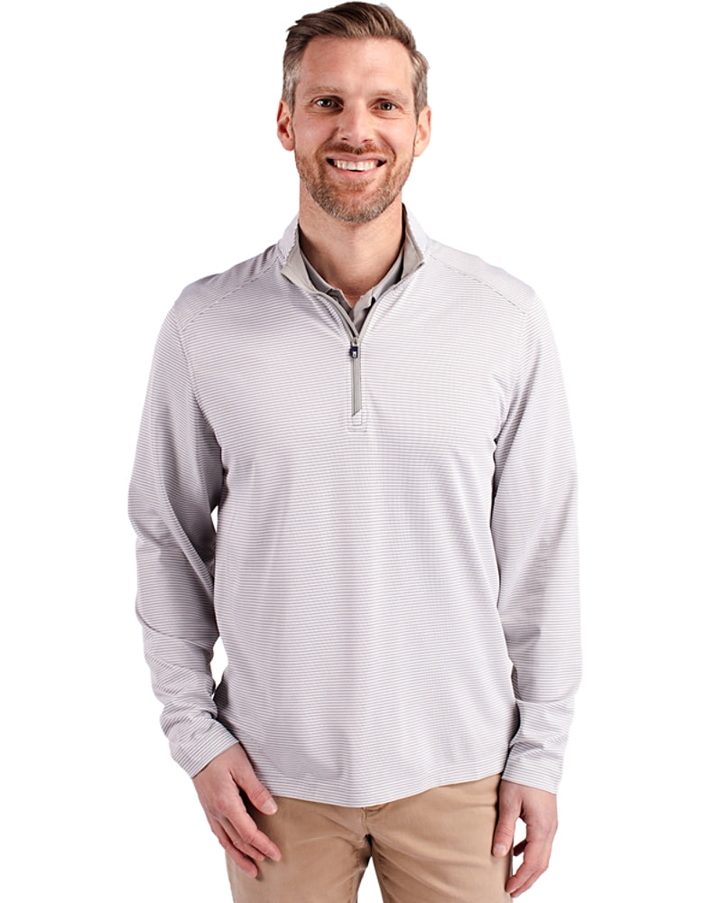 Cutter & Buck Virtue Recycled Micro Stripe Featherlight Pique Mens Big & Tall Quarter Zip Pullover Polished Grey/White BCK01258