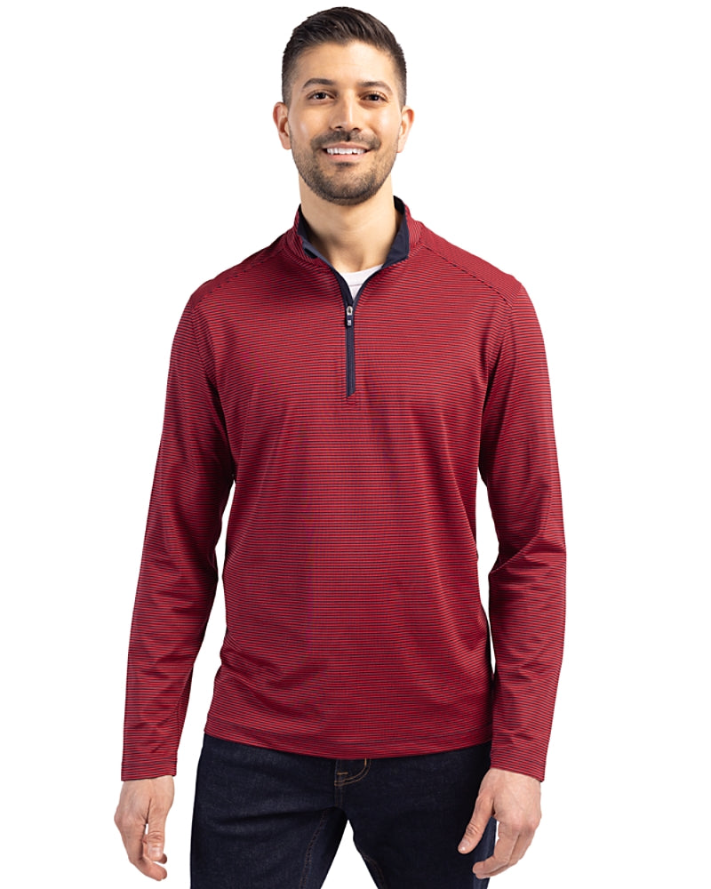 Cutter & Buck Virtue Recycled Micro Stripe Featherlight Pique Mens Big & Tall Quarter Zip Pullover Red/Blue Accents BCK01258