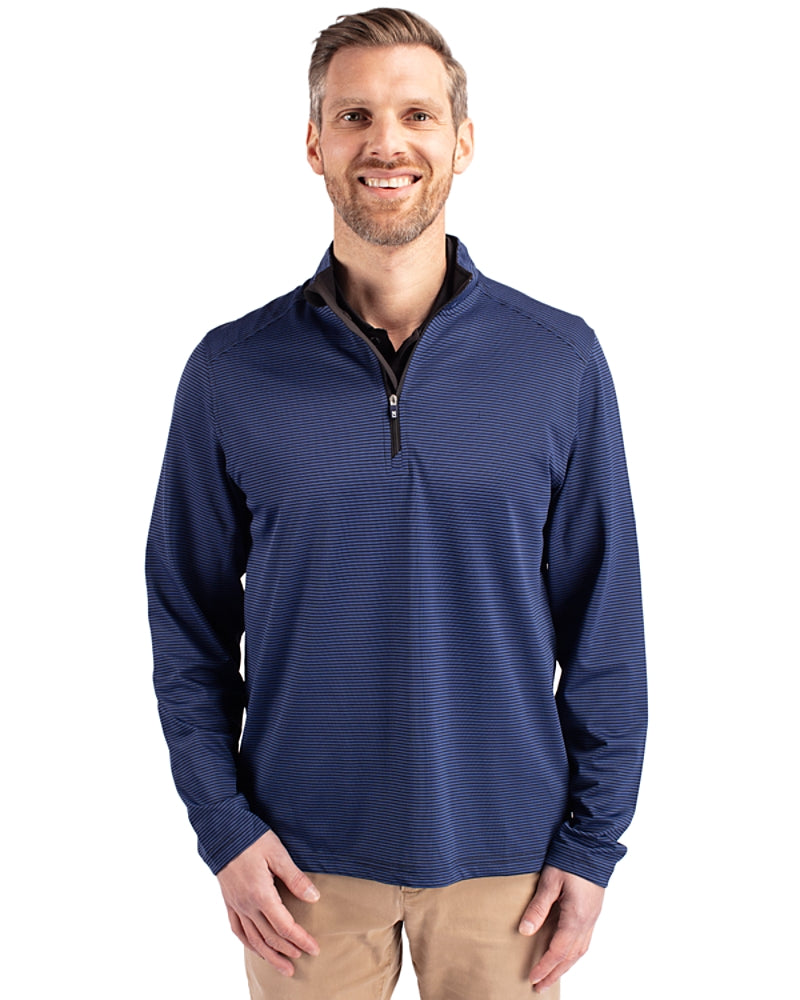 Cutter & Buck Virtue Recycled Micro Stripe Featherlight Pique Mens Big & Tall Quarter Zip Pullover Tour Blue/Black BCK01258