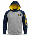 Michigan Wolverines Ultimate 1/4 Zip Hoodie with Soft Feel Satin Lining Grey with Maize & Navy Trim