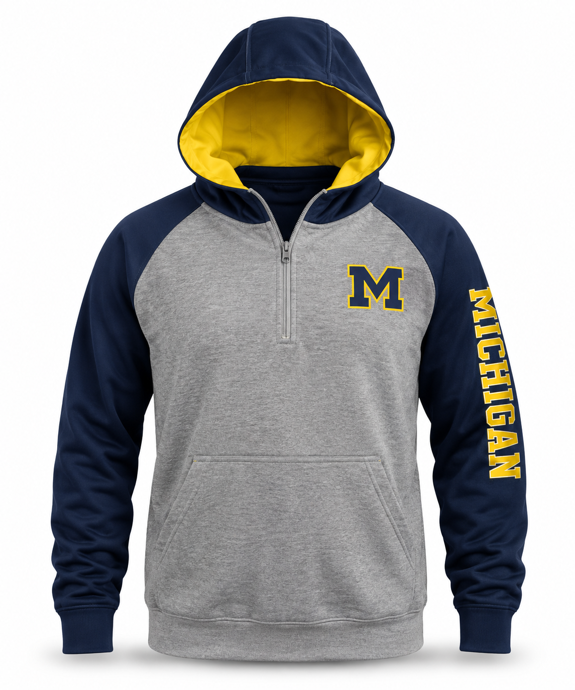 Michigan Wolverines Ultimate 1/4 Zip Hoodie with Soft Feel Satin Lining Grey with Maize & Navy Trim