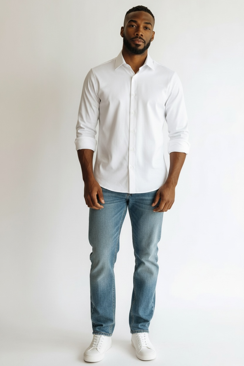 Man wearing a white shirt, blue jeans, and white sneakers on a plain background