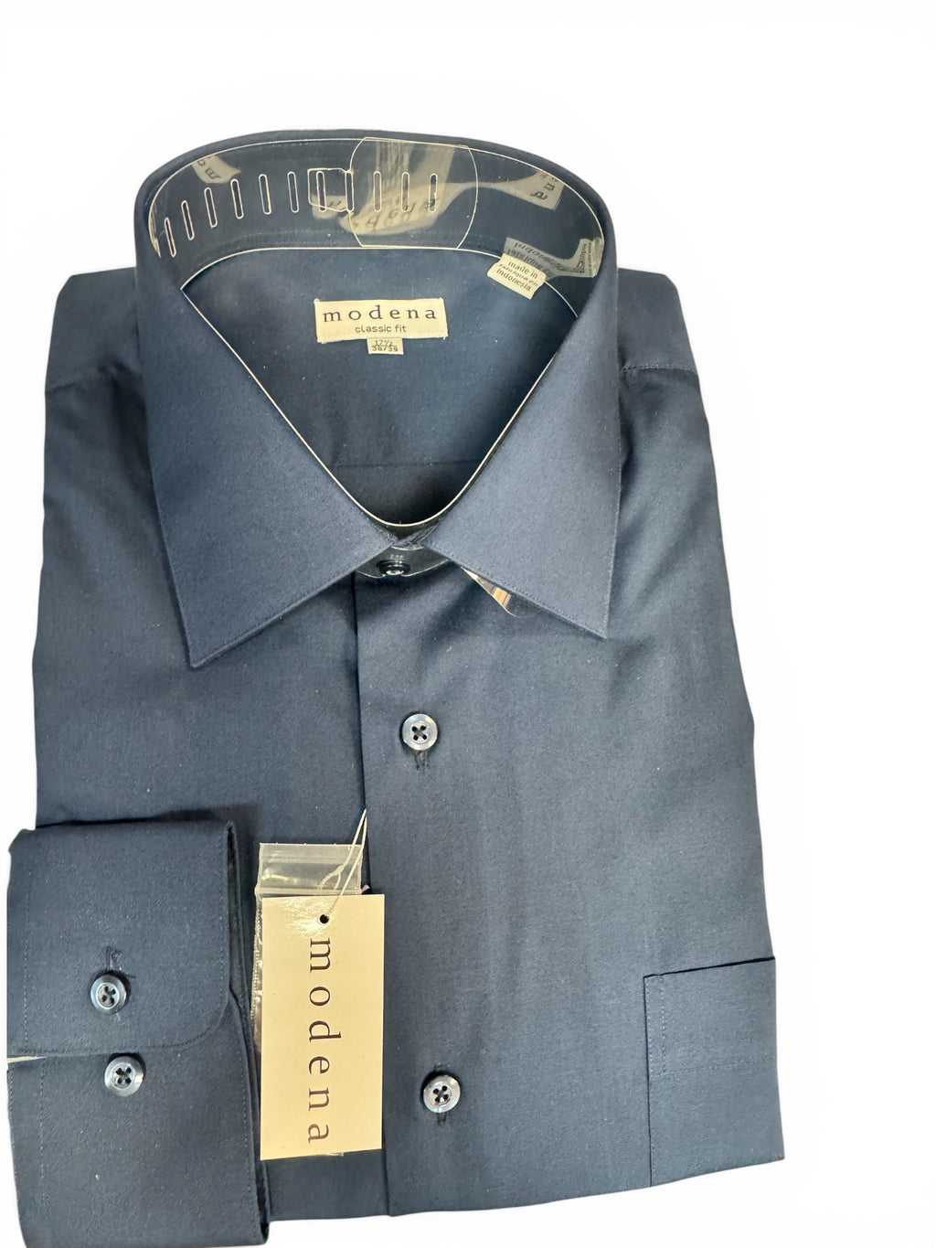 Folded gray dress shirt with 'modena' label on a white background