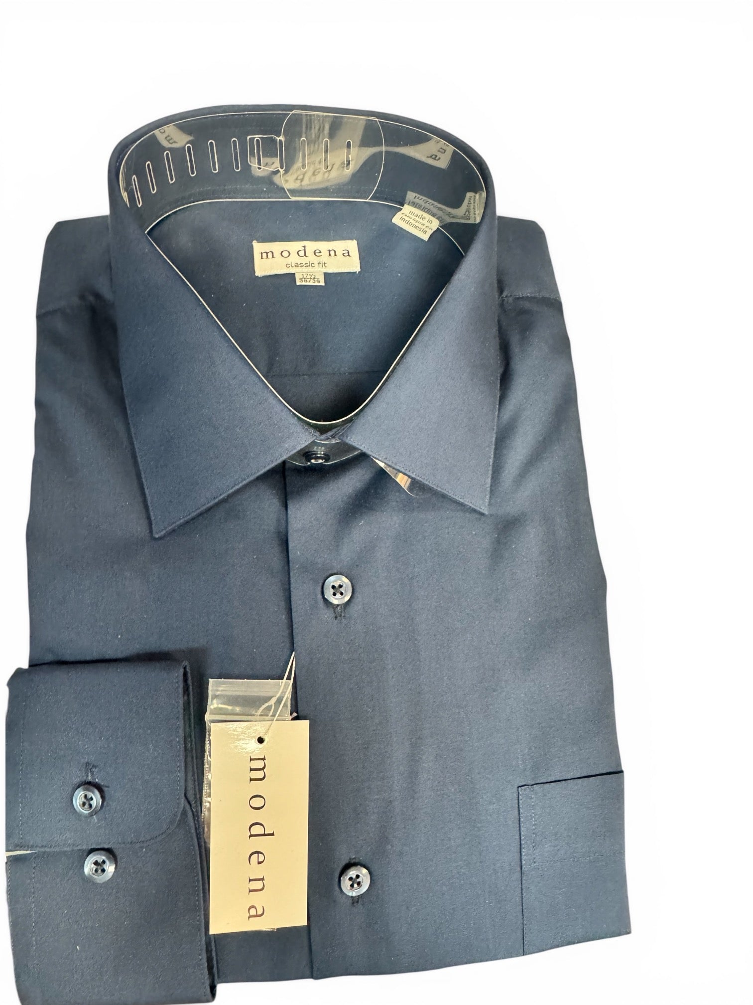 Folded gray dress shirt with 'modena' label on a white background