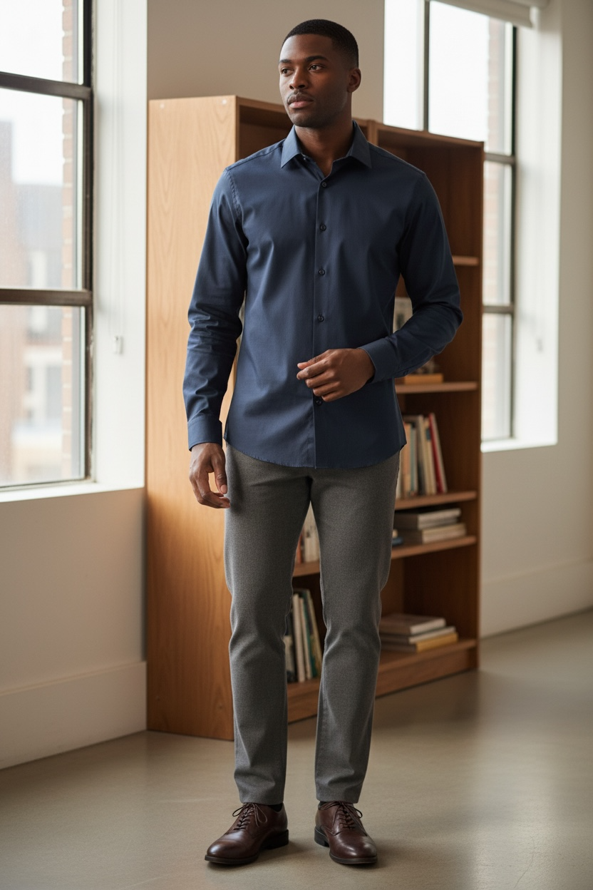 Man wearing a blue shirt and gray pants standing in a room with large windows and a bookshelf.