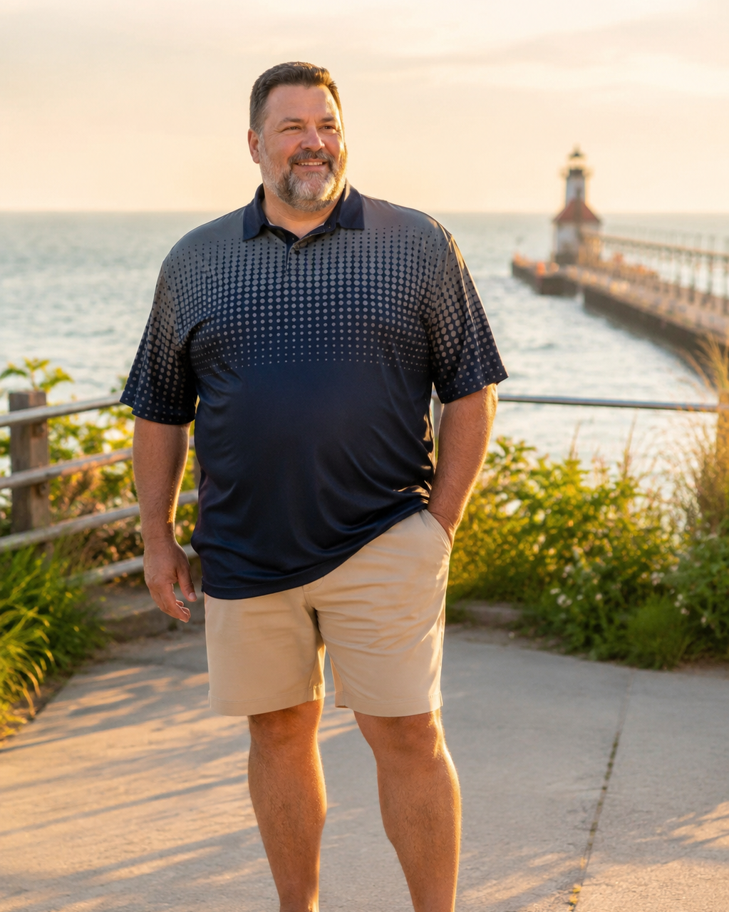 Man standing on a pathway by a waterfront with a lighthouse in the background