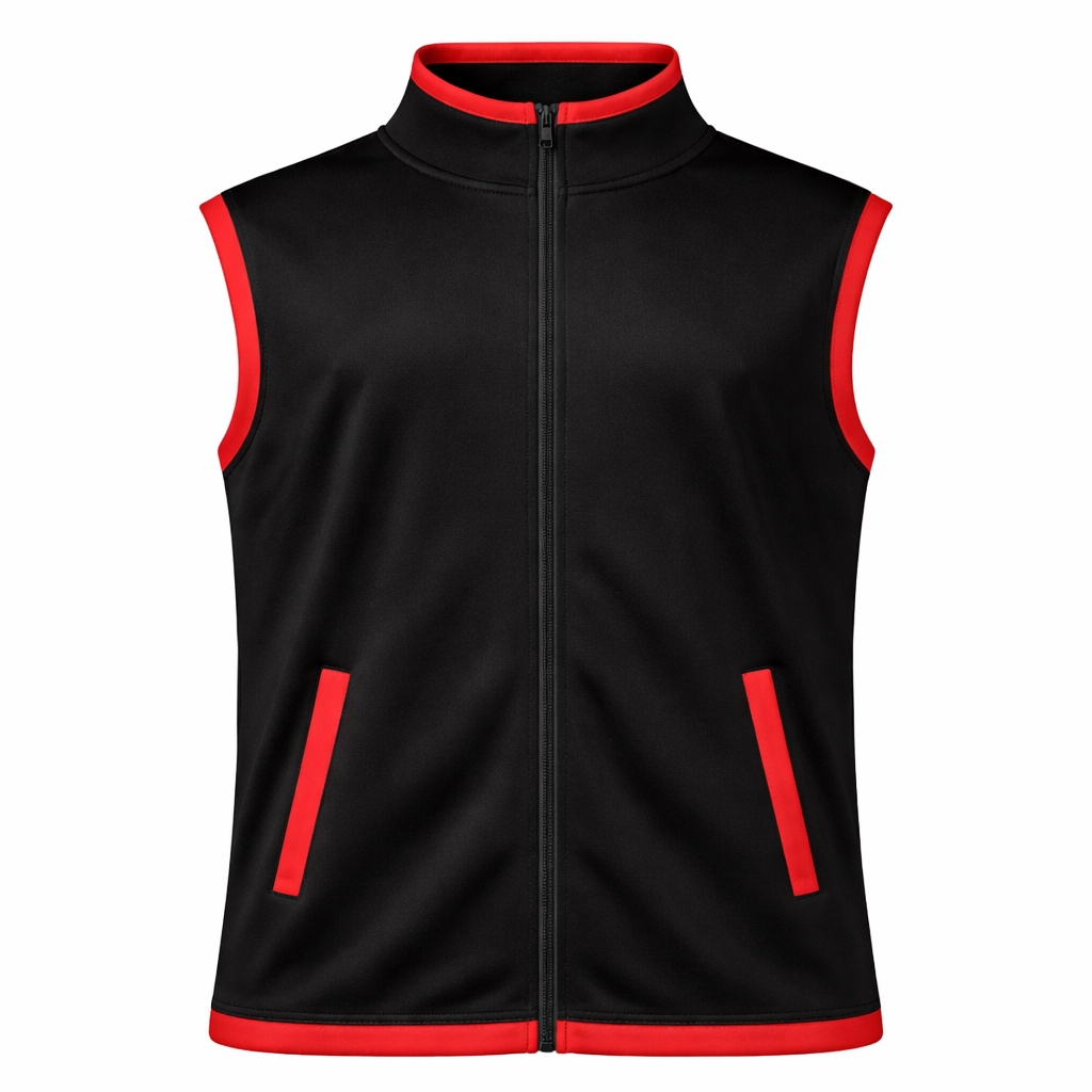 Black sleeveless jacket with red accents on a white background