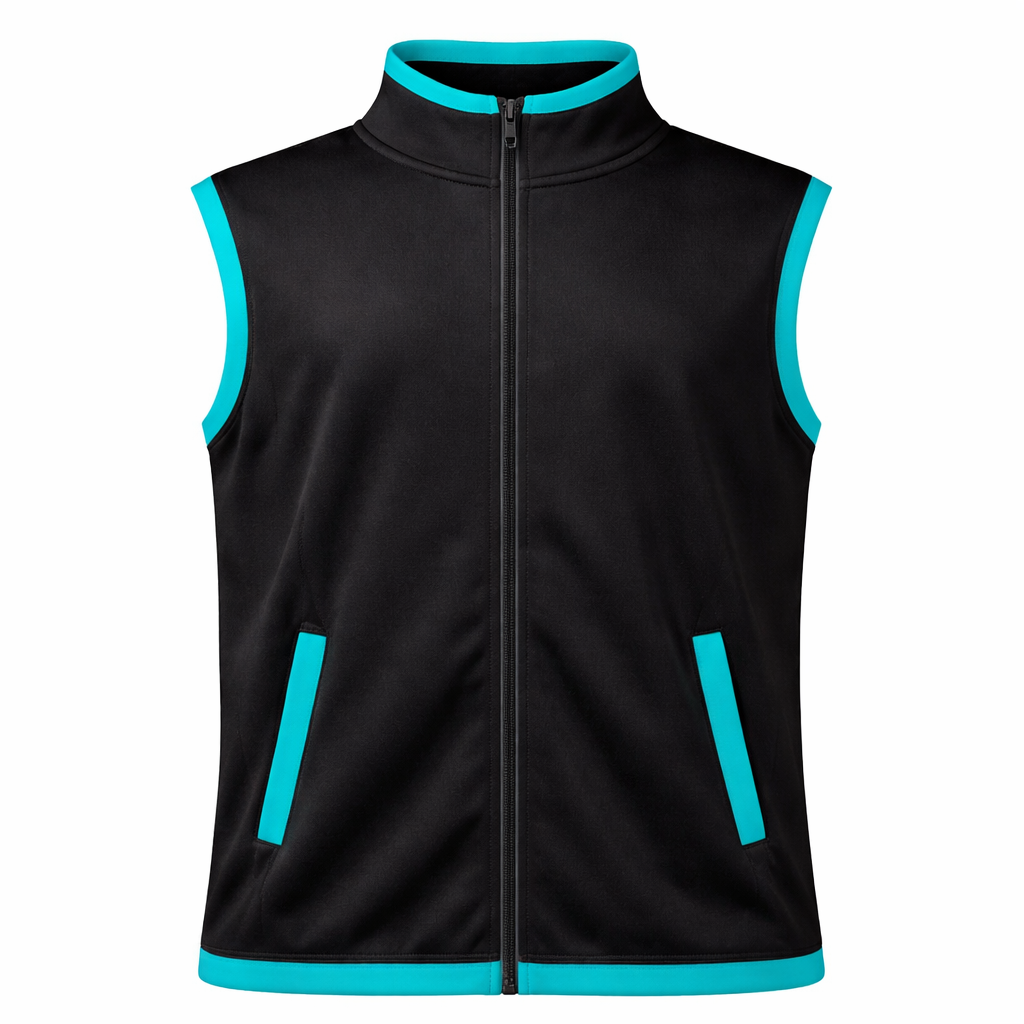 Black vest with teal accents on a white background