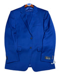 Blue suit jacket on a wooden board with a gray floor background