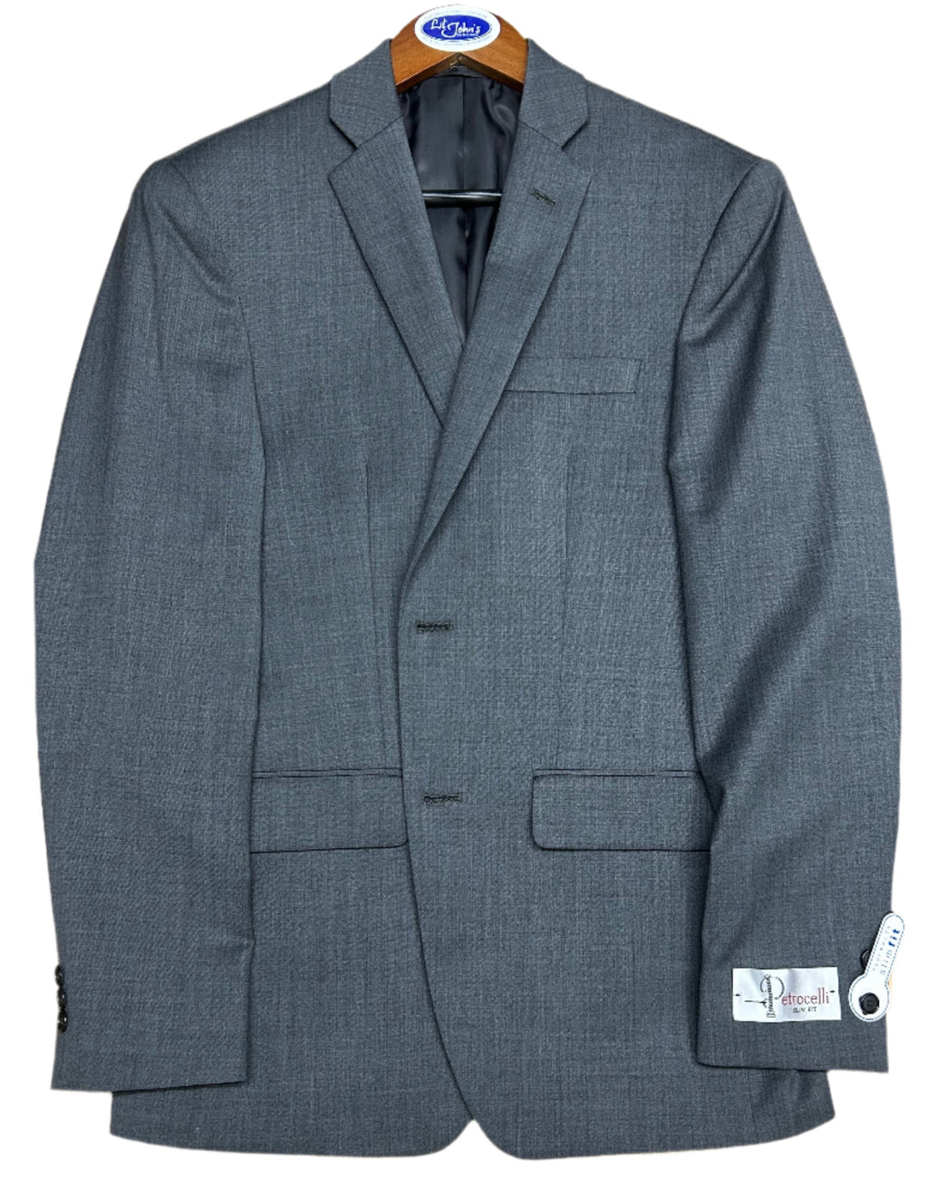 mid Gray suit jacket on a wooden surface