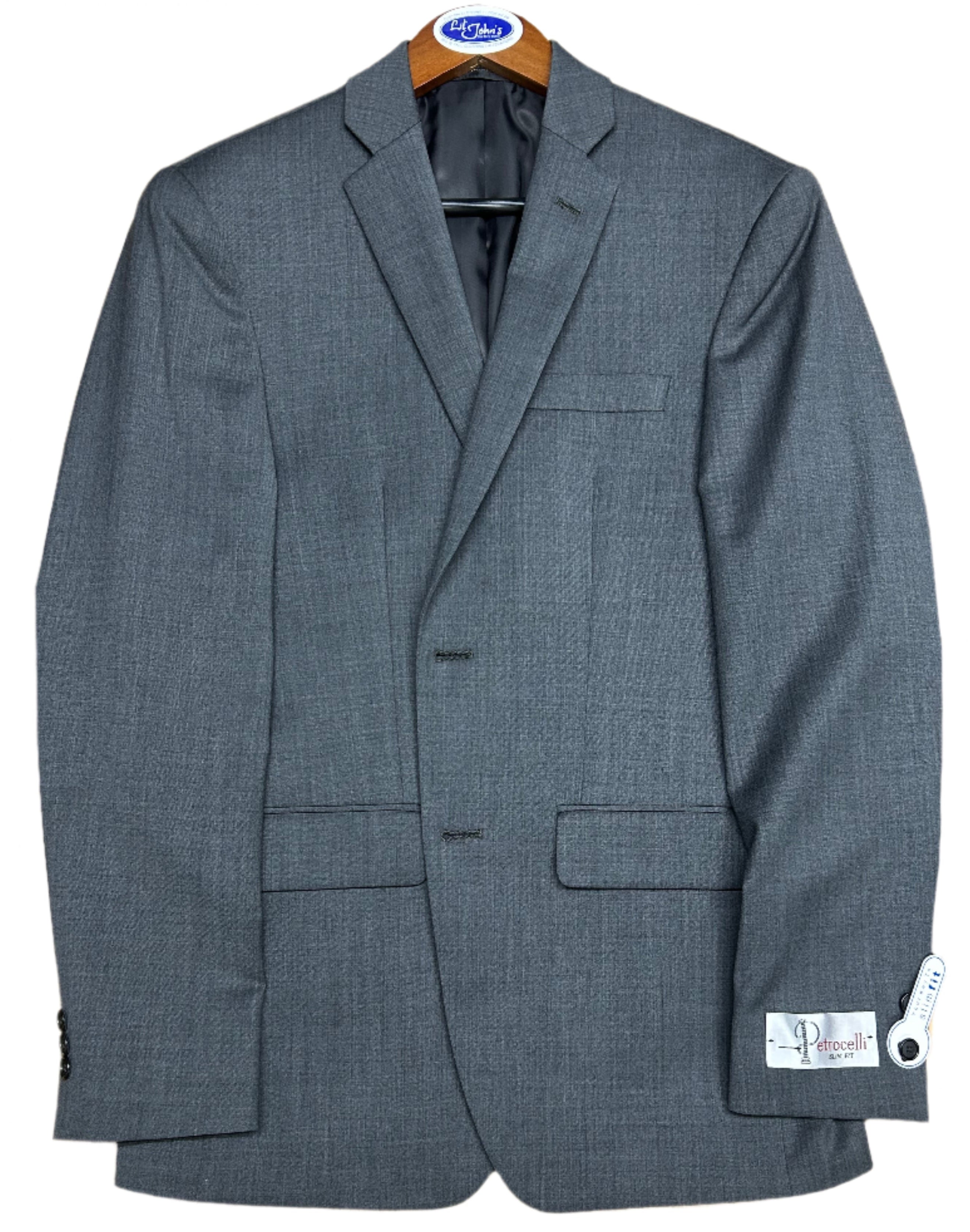 mid Gray suit jacket on a wooden surface