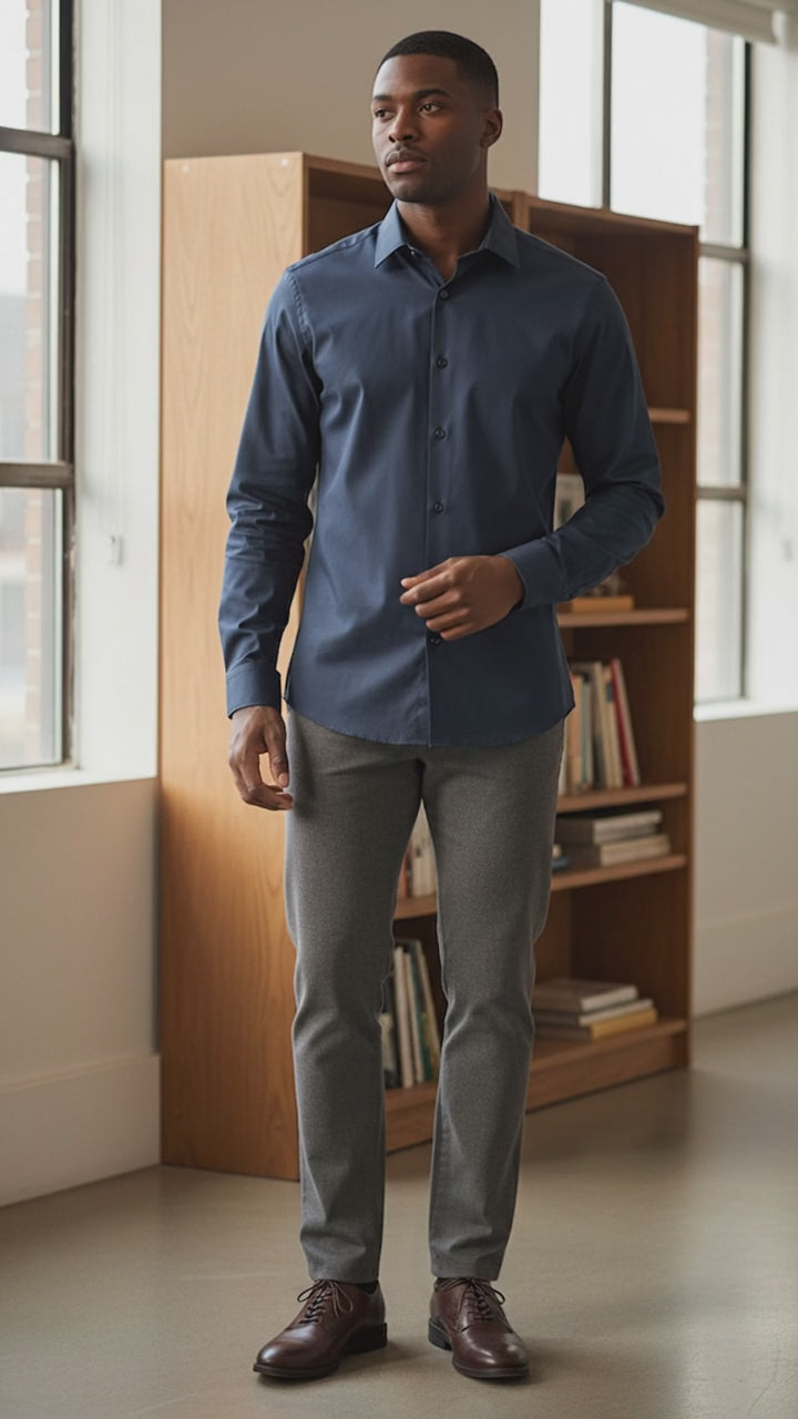 man wearing a navy shirt
