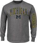 Michigan Wolverines Graphic Long Sleeve Charcoal Distressed-Blue/Gold Lettered Vintage T-Shirt
