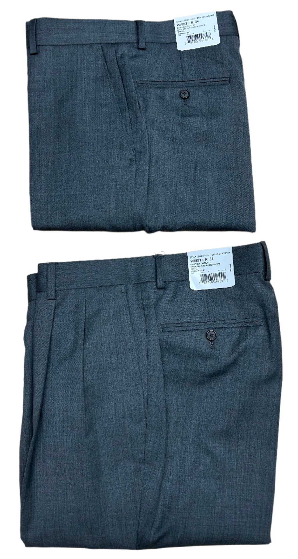 Two pairs of dark gray pants on a wooden surface with tags attached.